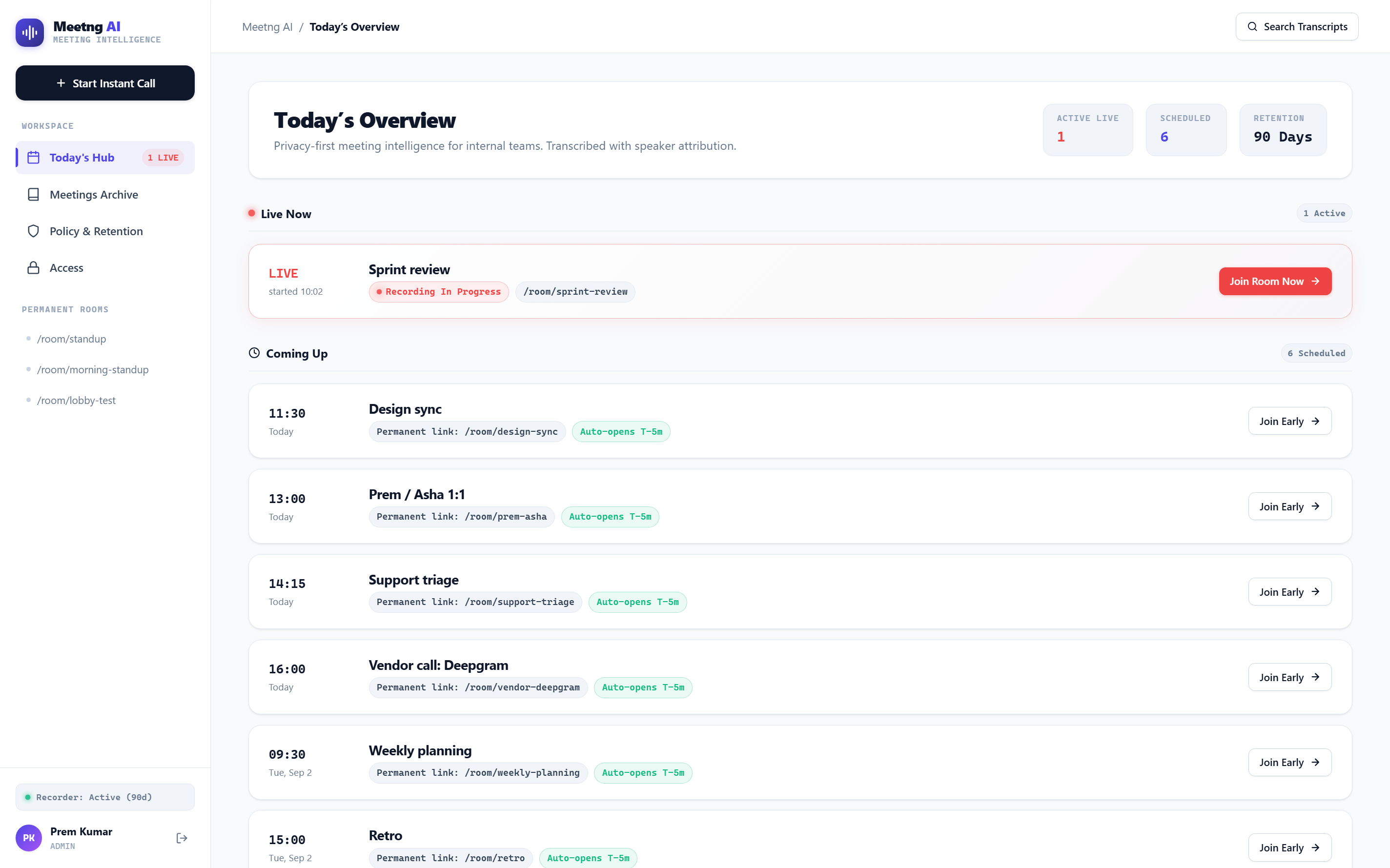 The Meetng AI dashboard, showing one live meeting with recording in progress, six scheduled meetings each with a permanent room link, and counters for active, scheduled and retention period.